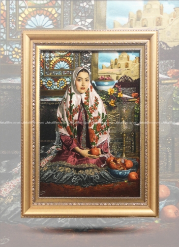 تابلو فرش دست بافت طرح دختر قاجار چله  ابریشم  سایز 0.61x0.82 