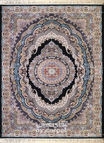 فرش ماشینی کلاسیک طرح پارسه سرمه ای 1200 شانه اکرلیک زمرد کاشان