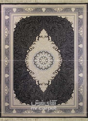 فرش ماشینی کلاسیک طرح نورا نمونه 1 ذغالی 700 شانه پلی استر فیلامنت فرهی