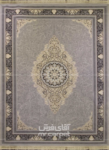 فرش ماشینی کلاسیک طرح نورا نمونه 1 نقره ای 700 شانه پلی استر فیلامنت فرهی