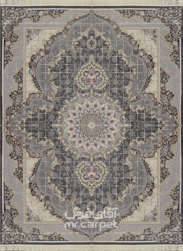 فرش ماشینی کلاسیک طرح قاب خشتی نمونه 1 دودی 700 شانه پلی استر فیلامنت فرهی