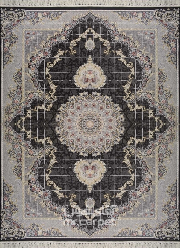 فرش ماشینی کلاسیک طرح قاب خشتی نمونه 1 ذغالی 700 شانه پلی استر فیلامنت فرهی