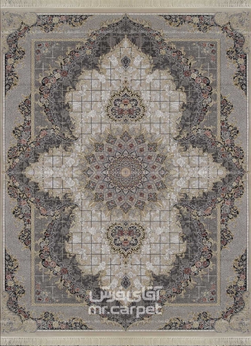 فرش ماشینی کلاسیک طرح قاب خشتی نمونه 1 بژ 700 شانه پلی استر فیلامنت فرهی