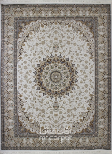 فرش ماشینی کلاسیک طرح یکتا نمونه 3 کرم 1200 شانه پلی استر فیلامنت فرهی