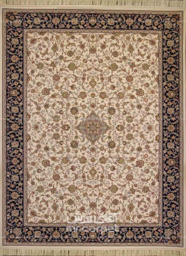 فرش ماشینی کلاسیک طرح پرمون نمونه 1 کرم حاشیه سورمه ای 1200 شانه پلی استر-اکرلیک آپادانا