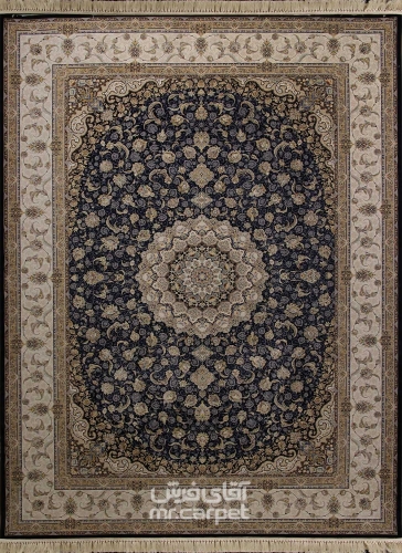 فرش ماشینی کلاسیک طرح رادمهر نمونه 1 سرمه ای 1200 شانه پلی استر فیلامنت فرهی