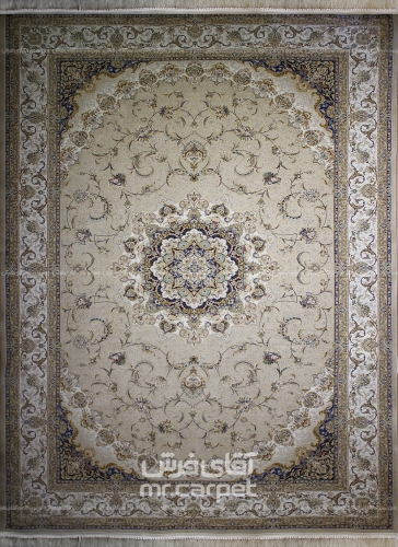 فرش ماشینی کلاسیک طرح مانوش نمونه 2 بژ 1200 شانه پلی استر فیلامنت فرهی
