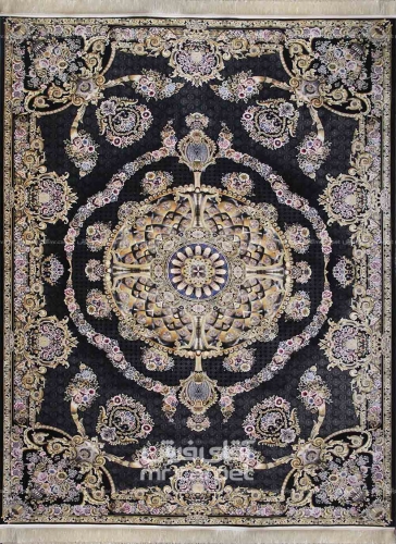 فرش ماشینی کلاسیک طرح ژینوس نمونه 2 مشکی 1600 شانه پلی استر فیلامنت فرهی